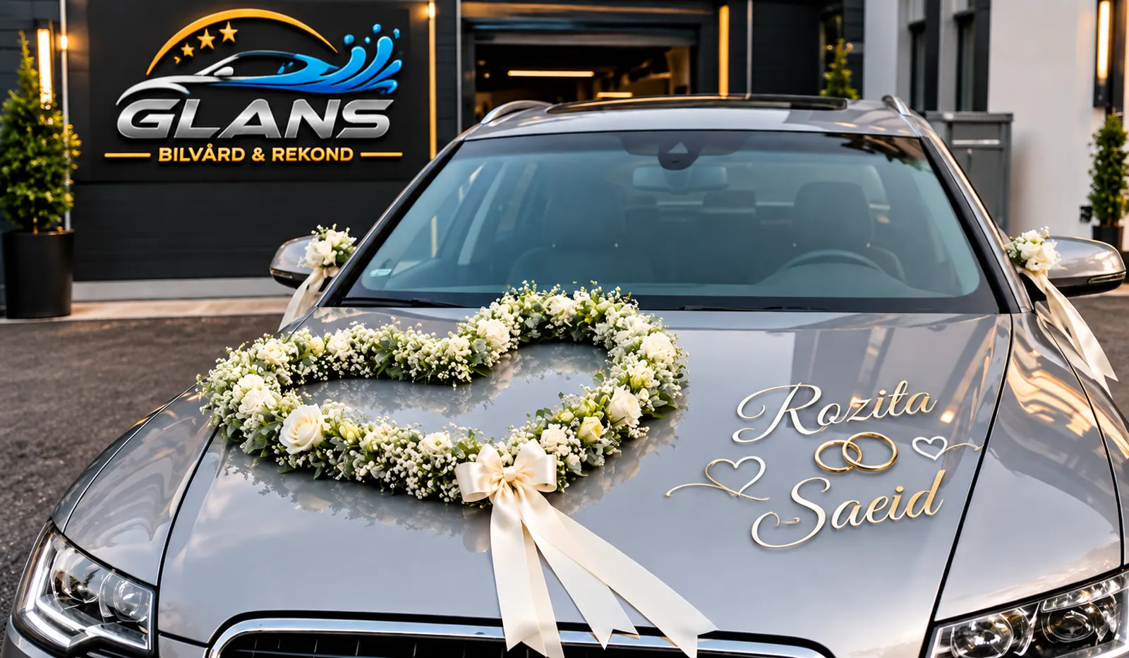 Grå bröllopsbil med blomsterkrans och brudparets namn