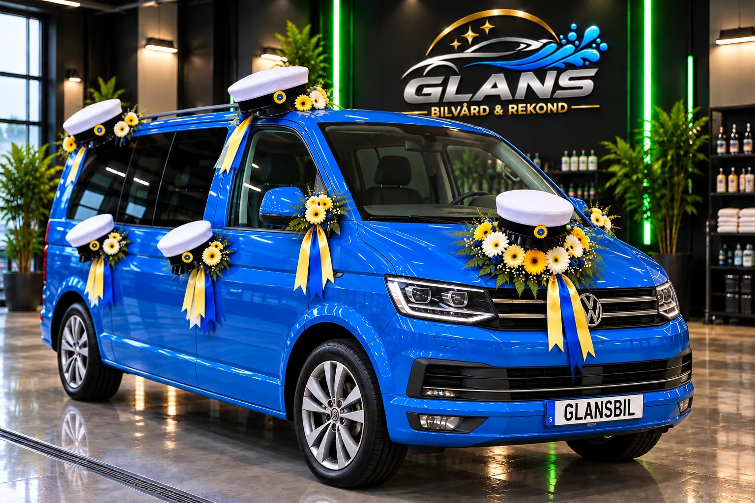 Blå buss dekorerad till studenten med studentmössor och gula band
